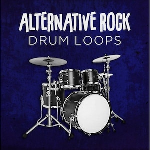 Puede incluir: Una batería negra con un parche de bombo blanco sobre un fondo azul. El texto "ALTERNATIVE ROCK DRUM LOOPS" está escrito en blanco sobre la batería.