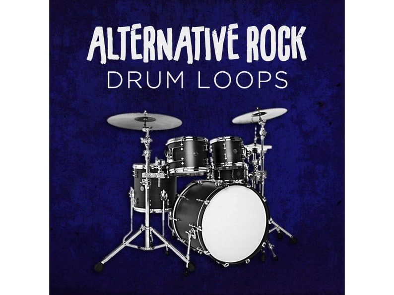 May include: A black drum set with a white bass drum head against a blue background. The text "ALTERNATIVE ROCK DRUM LOOPS" is written in white above the drum set.