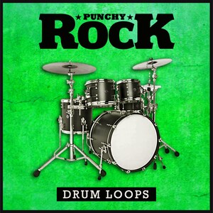 May include: A black drum set with a green background. The drum set includes a bass drum, snare drum, two toms, and a hi-hat. The text "* PUNCHY * ROCK DRUM LOOPS" is printed below the drum set.