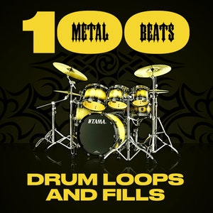 May include: A black and gold graphic with the text "100 Metal Beats Drum Loops and Fills" and a photo of a gold drum set with a black background.