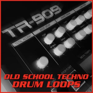May include: A black and white image of a Roland TR-909 drum machine with knobs and buttons. The text "OLD SCHOOL TECHNO DRUM LOOPS" is printed in red at the bottom of the image.