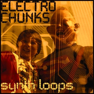 May include: A yellow and orange album cover with the text "ELECTRO CHUNKS synth loops" in a pixelated font. Two people are smiling in the background.