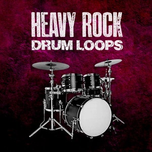 Puede incluir: Una batería negra con bombo, caja, dos toms y un platillo. La batería está sobre un fondo rojo con el texto "Heavy Rock Drum Loops" en blanco.