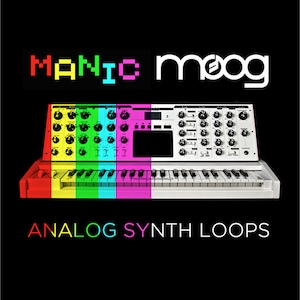 Puede incluir: Un sintetizador Moog blanco con un teclado y botones. El texto "MANIC moog ANALOG SYNTH LOOPS" está impreso debajo del sintetizador.