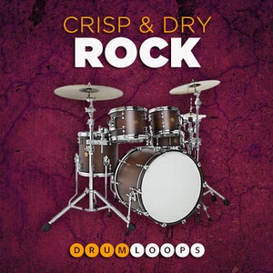 Puede incluir: Una batería con acabado marrón y herrajes cromados. El set incluye un bombo, una caja, dos toms y un platillo de hi-hat. El texto "CRISP & DRY ROCK" se muestra encima de la batería. El texto "DRUMLOOPS" se muestra debajo de la batería.