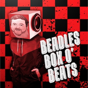 May include: A red and black checkered background with white splatter paint. A person with a red jacket and a box on their head. The box has a speaker on one side and a cartoon face on the other. The text "Beadles Box O' Beats" is in white letters.