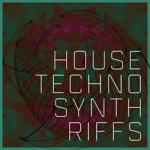 Könnte beinhalten: Ein türkisfarbener und brauner geometrischer Hintergrund mit einem weißen Wirbelmuster. Der Text "HOUSE TECHNO SYNTH RIFFS" ist in Weiß geschrieben.
