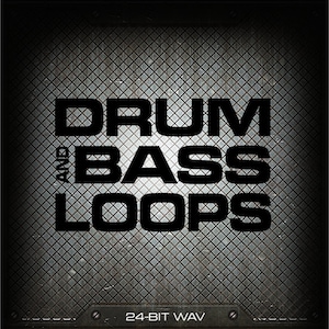 Könnte beinhalten: Ein Schwarzweißbild eines Metallgitters mit dem Text "Drum and Bass Loops" in fetten schwarzen Buchstaben. Der Text "24-Bit WAV" steht in kleineren schwarzen Buchstaben am unteren Rand des Bildes.