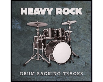 May include: A black drum kit with a white bass drum head. The drum kit is on a grey background with the text "HEAVY ROCK DRUM BACKING TRACKS".