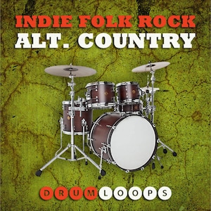 Puede incluir: Una batería con un fondo verde. La batería está compuesta por un bombo, una caja, un charles y dos toms. El texto "Indie Folk Rock Alt. Country Drum Loops" está escrito en letras rojas y blancas en la parte superior de la imagen.