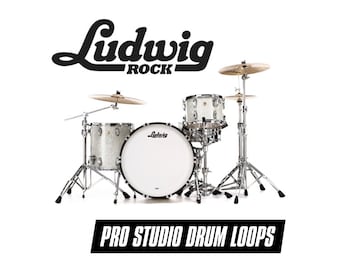 Può includere: Un set di batteria Ludwig Rock bianco con un rullante, due tom e un piatto. Le batterie hanno hardware cromato e una finitura bianca scintillante. Il testo "PRO STUDIO DRUM LOOPS" è nella parte inferiore dell'immagine.