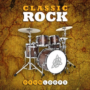 Puede incluir: Una batería marrón con un bombo blanco que presenta un diseño de nudo celta. La batería está sobre un fondo amarillo con el texto "CLASSIC ROCK DRUMLOOPS".