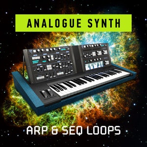 May include: A black analog synthesizer with a blue base and a keyboard. The synthesizer is set against a colorful nebula background. The text "ANALOGUE SYNTH ARP & SEQ LOOPS" is displayed on the image.