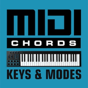 May include: A black and white graphic with the text "MIDI CHORDS KEYS & MODES" on a blue background. A black keyboard with white keys and blue buttons is in the centre of the image.
