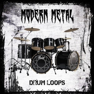 Puede incluir: Batería negra con un diseño de pentagrama en el bombo. La batería está sobre un fondo blanco con el texto "MODERN METAL DRUM LOOPS".