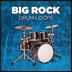 Puede incluir: Una batería negra con bombo, caja, dos toms y platillos. La batería está sobre un fondo azul con el texto "BIG ROCK DRUM LOOPS" encima.