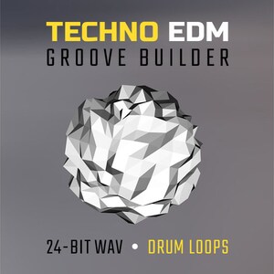 Könnte beinhalten: Eine graue, geometrische 3D-Form vor einem grauen Hintergrund. Der Text "TECHNO EDM GROOVE BUILDER" ist oben im Bild in Gelb. Der Text "24-BIT WAV - DRUM LOOPS" ist unten im Bild in Schwarz.