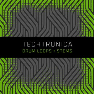 May include: A black and green digital pattern with the text "TECHTRONICA DRUM LOOPS + STEMS" in white.