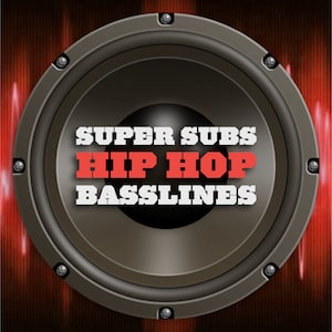 Può includere: Un grande altoparlante nero con il testo "SUPER SUBS HIP HOP BASSLINES" in lettere bianche e rosse.