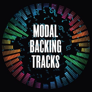 Könnte beinhalten: Eine bunte kreisförmige Grafik mit Noten und Equalizer-Balken. Der Text "MODAL BACKING TRACKS" befindet sich in der Mitte der Grafik.