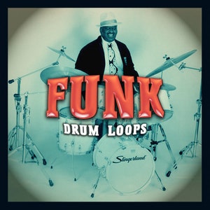 May include: An album cover with the text "FUNK DRUM LOOPS" and a photo of a man playing drums. The man is wearing a hat and a suit.