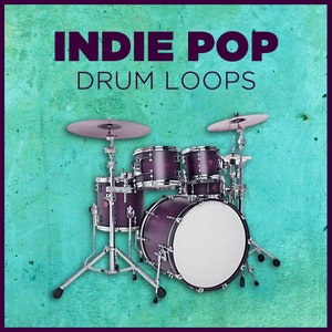 Puede incluir: Una batería con un acabado morado, que incluye un bombo, una caja, dos toms y platillos. La batería está montada en un soporte sobre un fondo turquesa con el texto "Indie Pop Drum Loops" en morado.