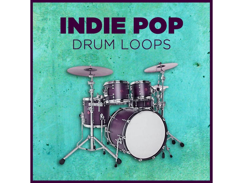 Puede incluir: Una bater&iacute;a con un acabado morado, que incluye un bombo, una caja, dos toms y platillos. La bater&iacute;a est&aacute; montada en un soporte sobre un fondo turquesa con el texto "Indie Pop Drum Loops" en morado.