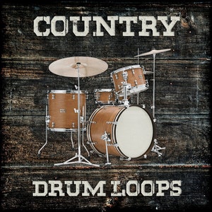 Puede incluir: Un letrero de madera marrón con el texto "COUNTRY DRUM LOOPS" en letras blancas. Un conjunto de batería marrón está en el centro del letrero.