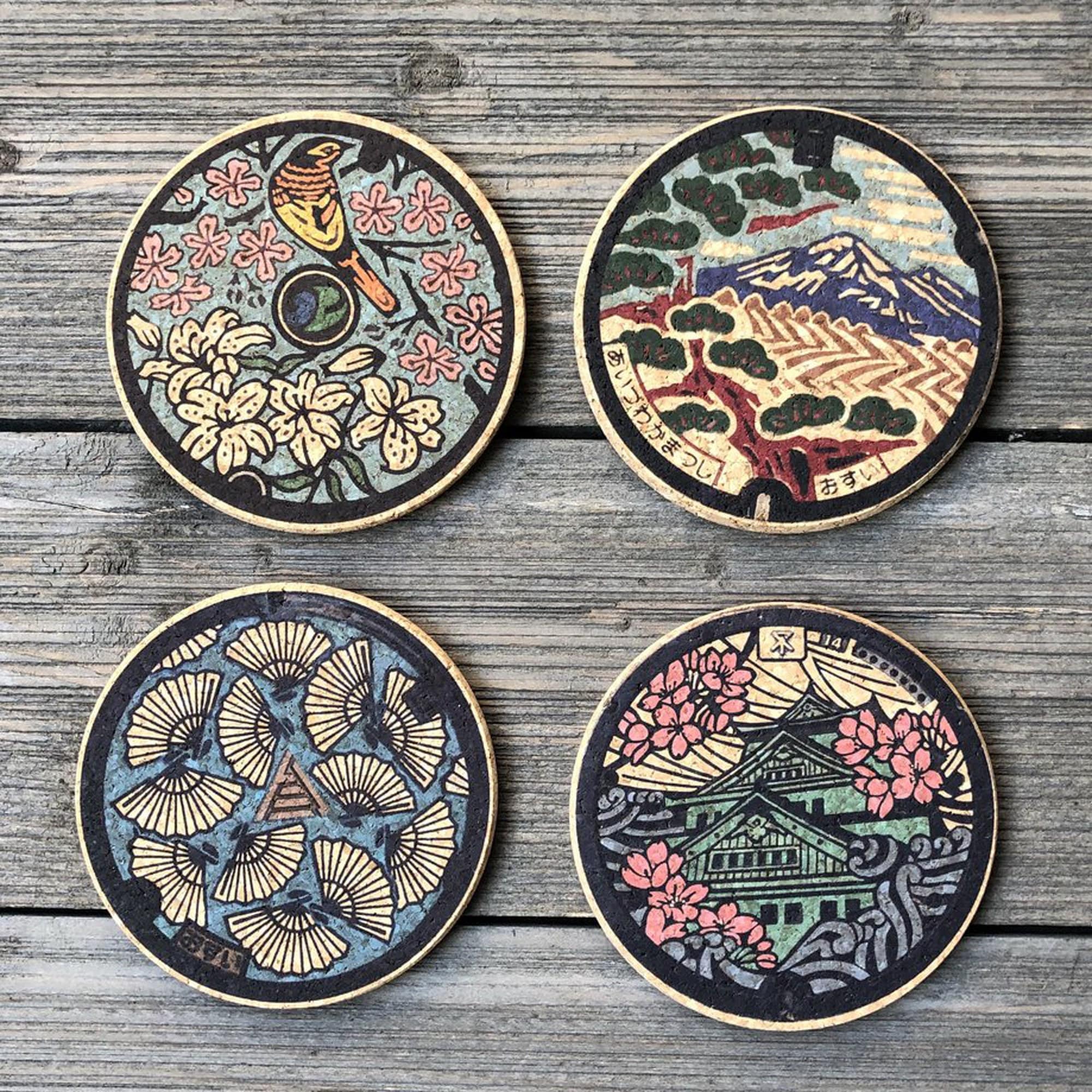 Japan Manhole Cover Inspired Cork Coaster Set of 4 set A Etsy