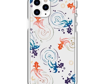 May include: A clear phone case with a white background and a pattern of blue, orange, and pink stylized fish and circles.