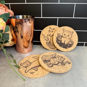Cork Coaster Set of 4 - Cats in Your Food Theme