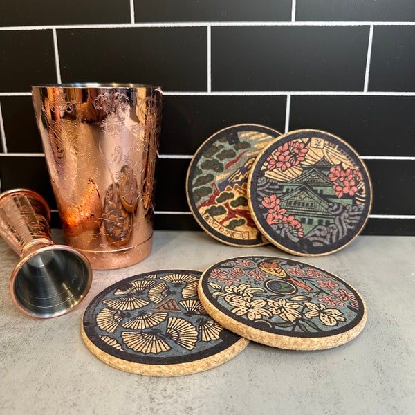 Cork Coaster Set of 4 - Japan Manhole Cover Designs (Set A)