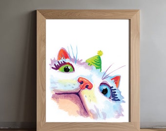 May include: A watercolor painting of a white cat with a green, red, and yellow party hat. The cat has one green eye and one blue eye. The cat is looking up at the viewer with a playful expression.