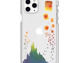 May include: A clear phone case with a silhouette of a castle and a watercolor effect of rainbow colors. The background features a pattern of small, yellow, orange, and red lanterns.