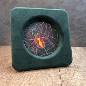 May include: A small, square, dark green velvet frame with a circular inset. The inset features a painting of a spider in a web. The spider is red, yellow, and white. The web is white against a black background.