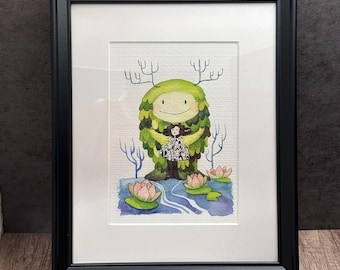 May include: A watercolor painting of a green, leafy creature with antlers, holding a small girl in a pink dress. The creature is smiling and the girl is looking at the viewer. The background is a blue and green watercolor wash with pink flowers.