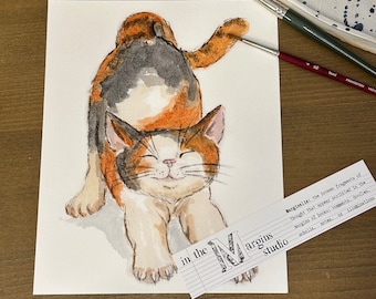 May include: Watercolor painting of a calico cat stretching with a happy expression. The painting is on white paper with a handwritten note in the bottom right corner that reads "Margins in the studio. Marginalia: the broken fragments of thought that appear scribbled in the margins of books; comments, doodles, scholia, notes, or illuminations."