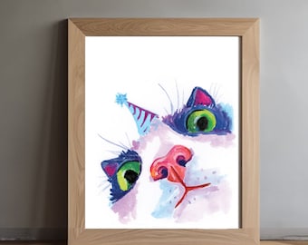 May include: Watercolor painting of a cat's face, framed in wood. The cat has bright green eyes, a pink nose, and is wearing a party hat. The artwork is colorful and whimsical, with a focus on the cat's expressive features.