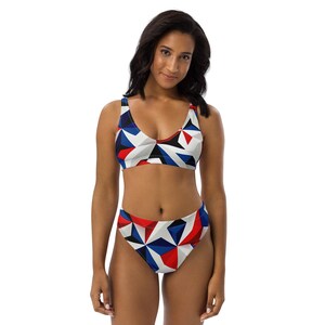 Azure Beach Two-piece Swimsuit, Two Piece Funky Bathingsuit, Groovy Pattern Recycled High-waisted Bikini Set, Modern Cute Cheeky Bikini