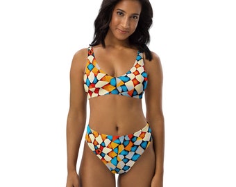 Tico Beach Recycled High-Waisted Bikini Corset Top and High Waist Bikini Swimsuit Swimwear Set Vacation, Summer, Beach, Pool l Gift