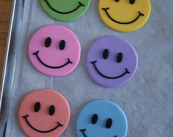 Colorful Smiley Face Cake Toppers - Happy Face Cupcake Decorations, Bright Rainbow Smile Fondant Toppers, Kids Emoji Theme Birthday Party