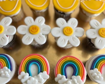 Flower, Rainbows, & Smiley Face fondant Topper Set
