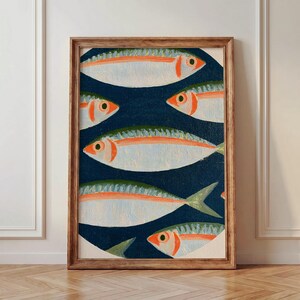Patrón repetitivo de banco de sardinas, ilustración de línea de peces blancos, póster con fondo de agua índigo, lámina de arte popular costero, decoración de pared fresca para la cocina