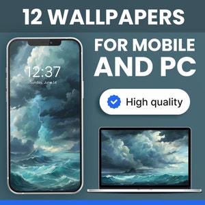 Set of 12 Mobile Wallpaper of Lofi Ocean Storm with Dark Clouds, Digital Aesthetic PC Wallpaper, Anime iPhone iOS Mac, 4K Ghibli Desktop