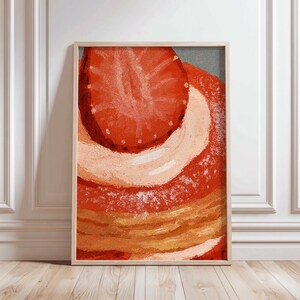 Schilderij van een aardbeienmacaron van dichtbij met gouden accenten en een gegolfde rand, warme oranje en crèmekleurige bakkerijkunst voor aan de muur in de keuken of het café.