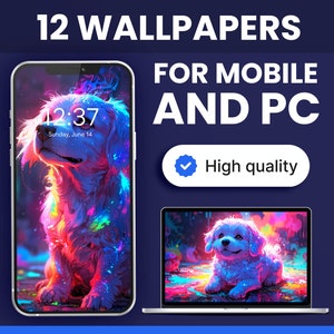 Set of 12 Mobile Wallpaper Dog Neon Dark Mood, Digital Aesthetic PC Wallpaper of Colorful Puppy, iPhone Mac iOS, 4K Ghibli Desktop Wallpaper