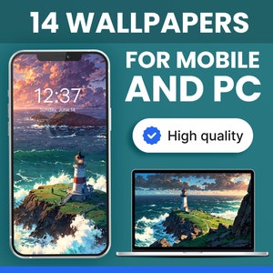 Set of 14 Desktop Wallpaper of Coast Lighthouse Sea Ocean Storm, PC Wallpaper Digital Aesthetic Mobile Ghibli Style Anime iPhone iOS Mac 4K