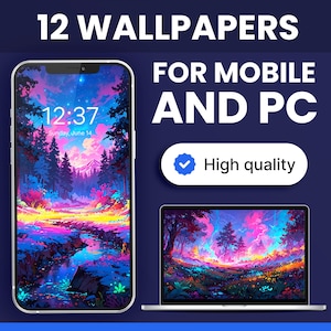 Conjunto de 12 fondos de pantalla móviles Meadow Colorful Neon Night, Fondo de pantalla de PC estético digital, Anime iPhone iOS Mac, 4K Pastel Color Ghibli Desktop
