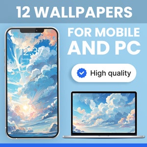 Set of 12 Mobile Wallpaper of Clouds, Digital Aesthetic PC Wallpaper of Blue Sky, Anime iPhone Mac Wallpaper, 4K Ghibli Desktop Wallpaper