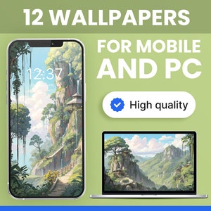 Set of 12 Desktop Wallpaper of Jungle Landscape, Mobile Wallpaper Digital Aesthetic Mobile Ghibli Anime, iPhone Smartphone background, PC 4K